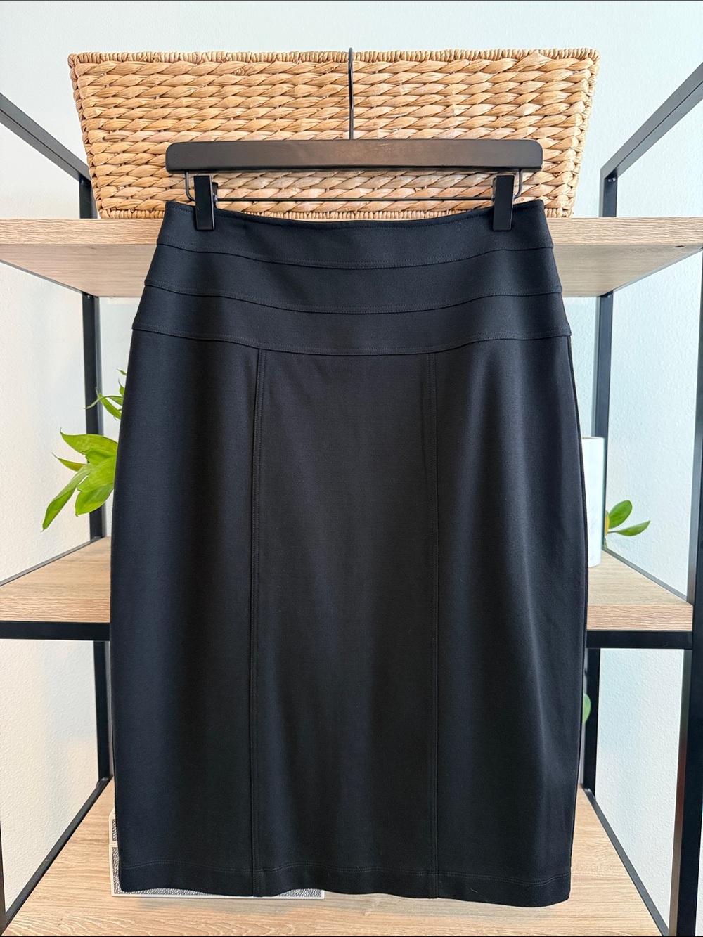 Cabi 205 Black Ponte Knit Midi Knee Length Pencil Career Skirt, 8
